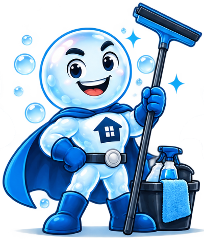 Bond Hero mascot with a squeegee, bucket and cleaning supplies
